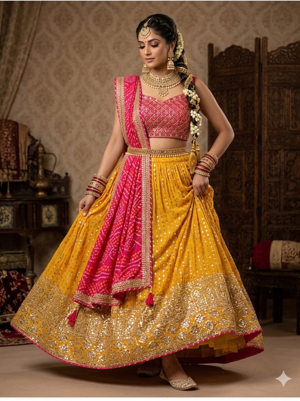 Woman Festive Yellow & Pink Lehenga Choli Set saree wedding clothings